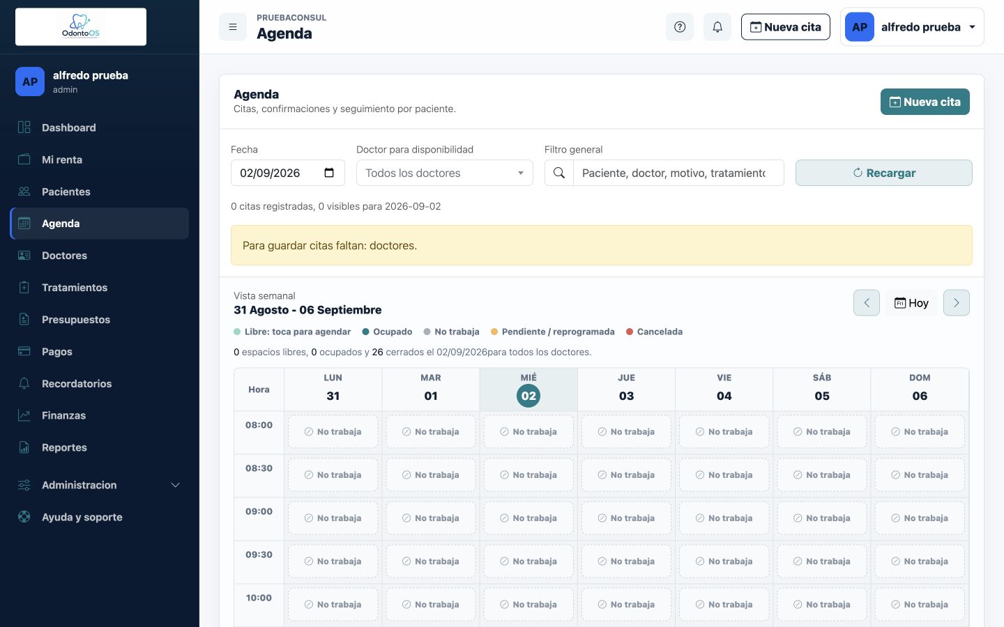 Agenda semanal de OdontoOS en computadora